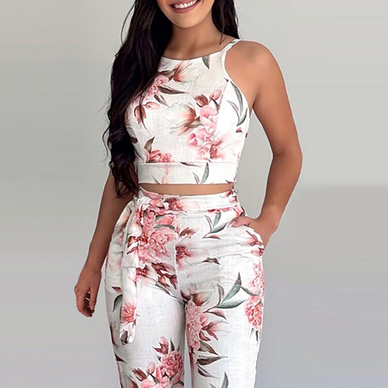 Trendy Two Piece Set Casual Wear - Floral Print, Strapy Sleeveless Crop Top w/ High Waist Pants