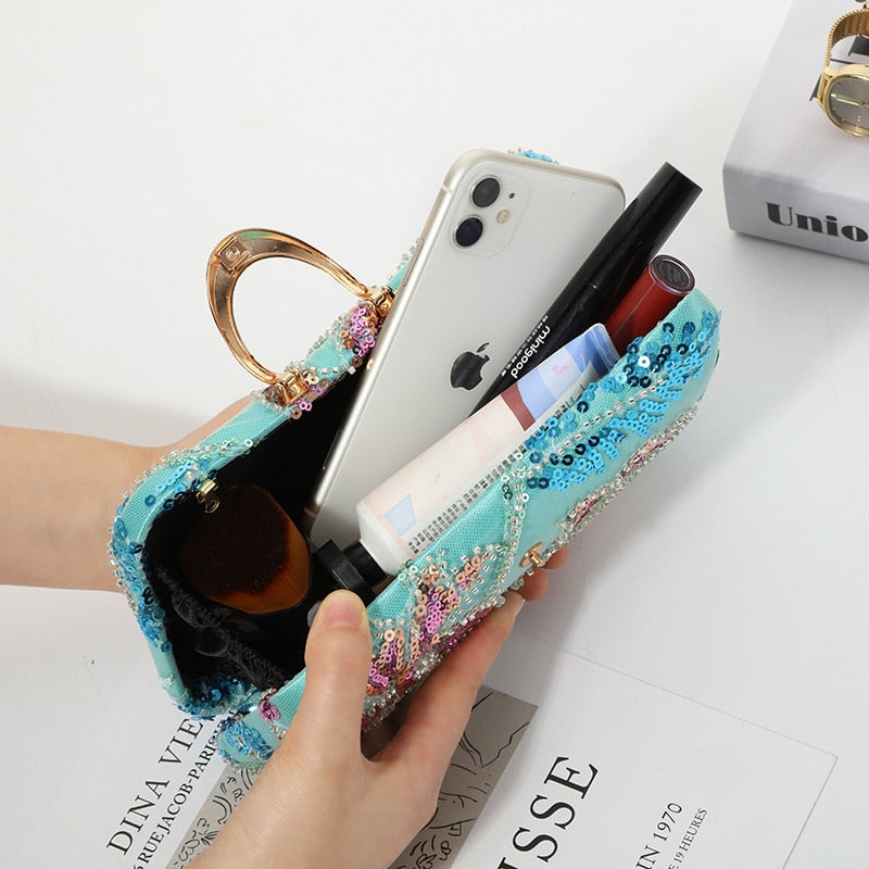 Turquoise Floral Sequence Evening / Party Purse