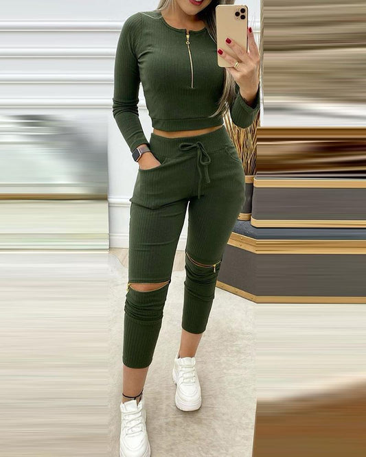 Two-Piece Set: Trendy Casual Sports Wear Suit, Ribbed Zipper Design Crop Top & Cutout Pants Set
