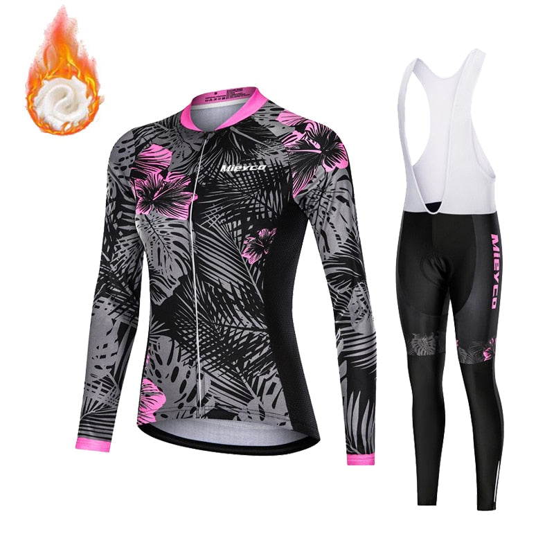 Women's Fleece Cycling Jersey Set for Winter with Gel Pads on Pants