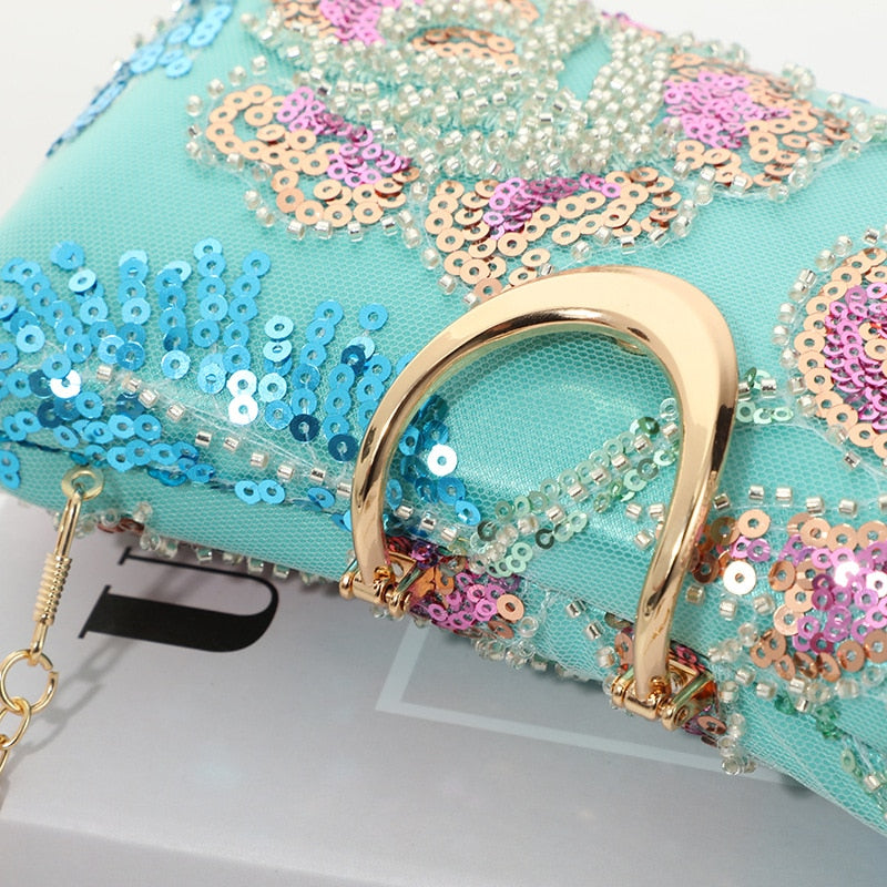 Turquoise Floral Sequence Evening / Party Purse