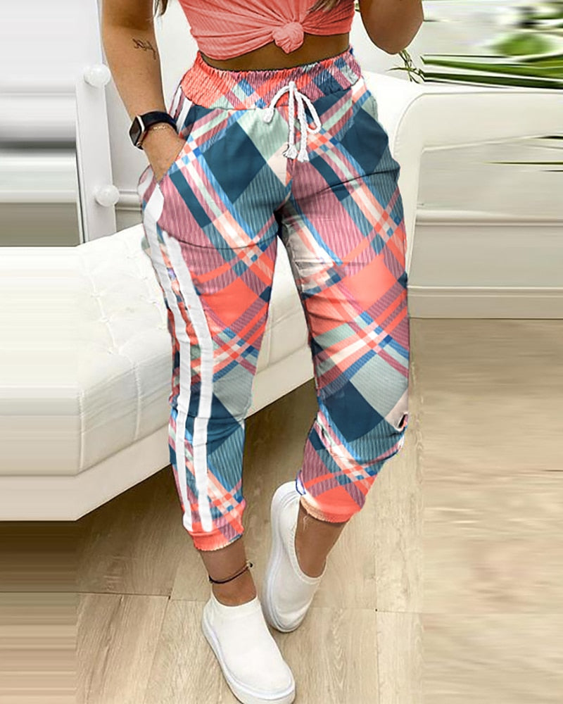 Women's Plaid Casual Pants Ankle Trousers  Colorblock with Pockets