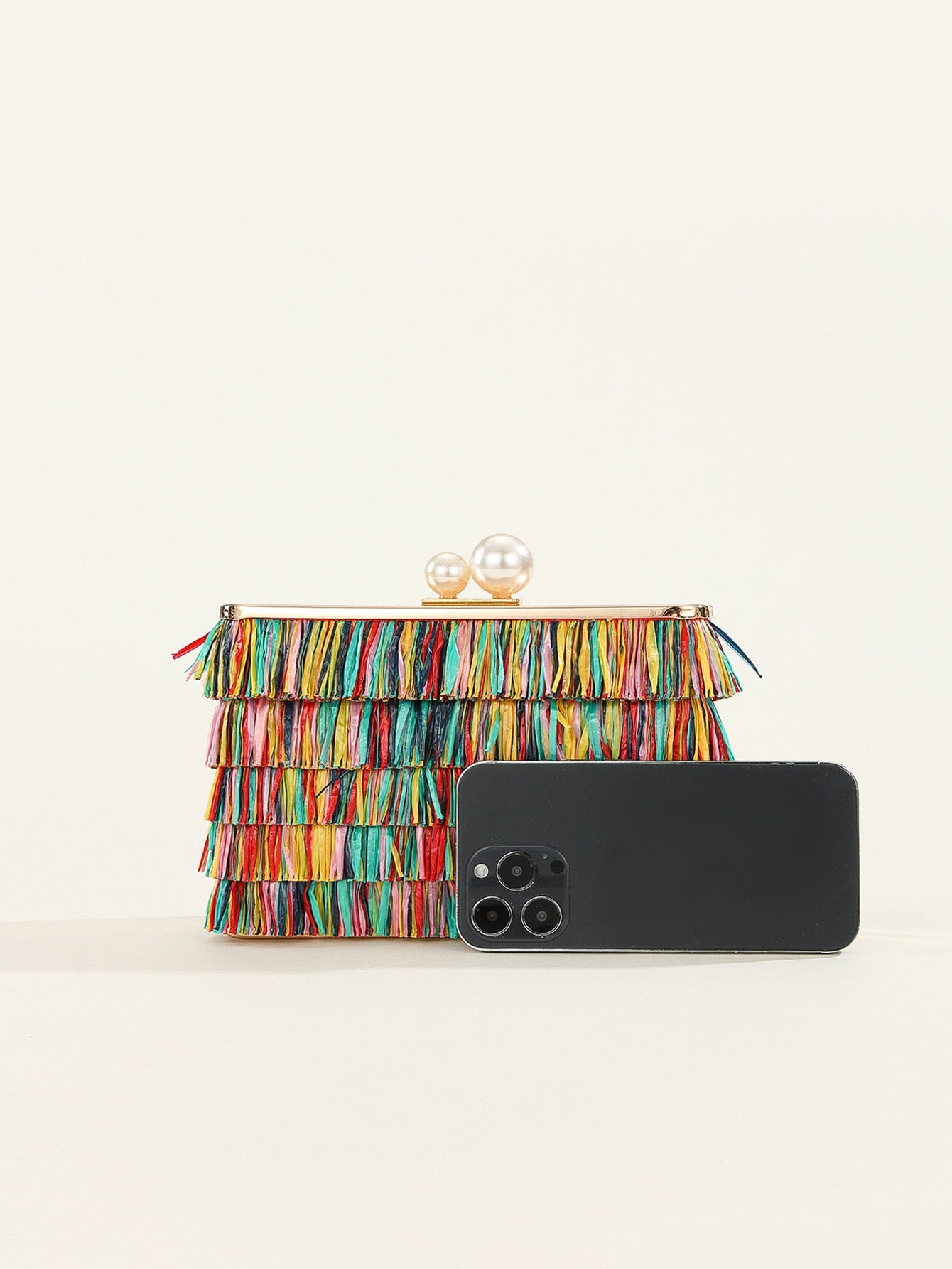 Tropical Multi-Colored Straw Fringe Tassel Clutch Party Bag