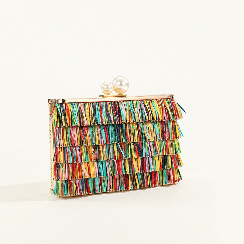 Tropical Multi-Colored Straw Fringe Tassel Clutch Party Bag