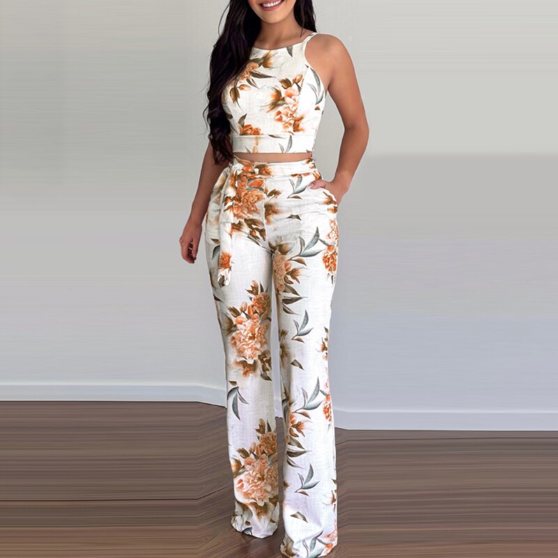 Trendy Two Piece Set Casual Wear - Floral Print, Strapy Sleeveless Crop Top w/ High Waist Pants