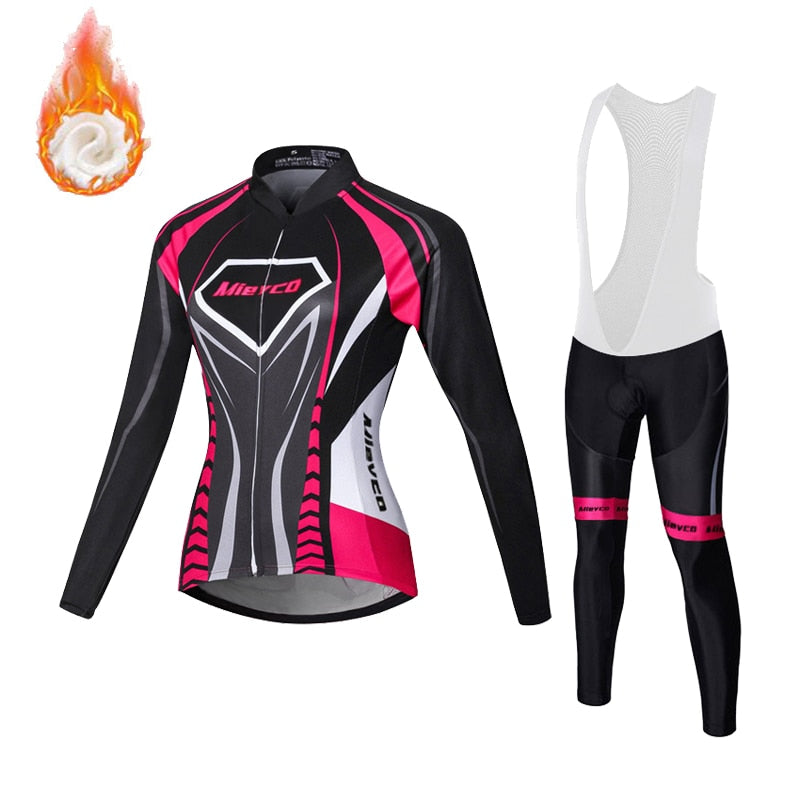 Women's Fleece Cycling Jersey Set for Winter with Gel Pads on Pants