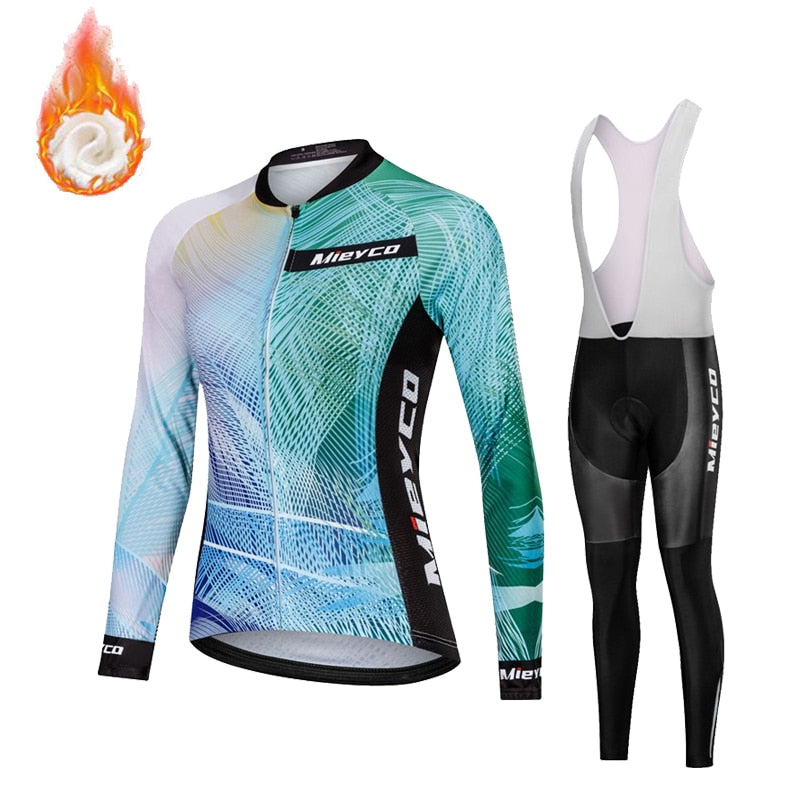 Women's Fleece Cycling Jersey Set for Winter with Gel Pads on Pants