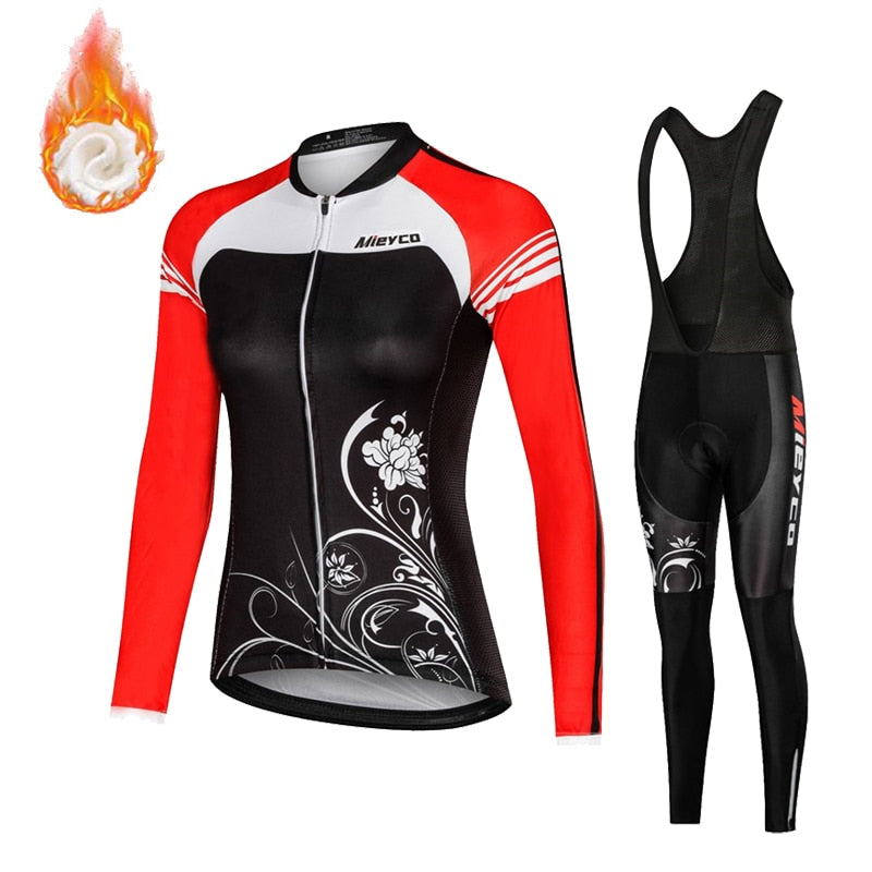 Women's Fleece Cycling Jersey Set for Winter with Gel Pads on Pants