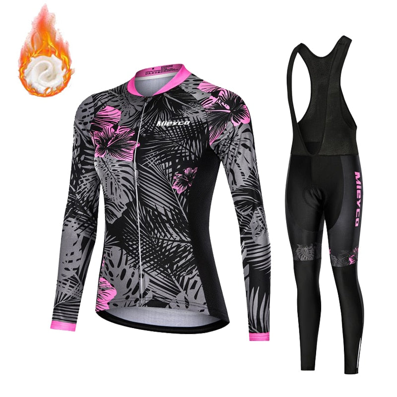 Women's Fleece Cycling Jersey Set for Winter with Gel Pads on Pants